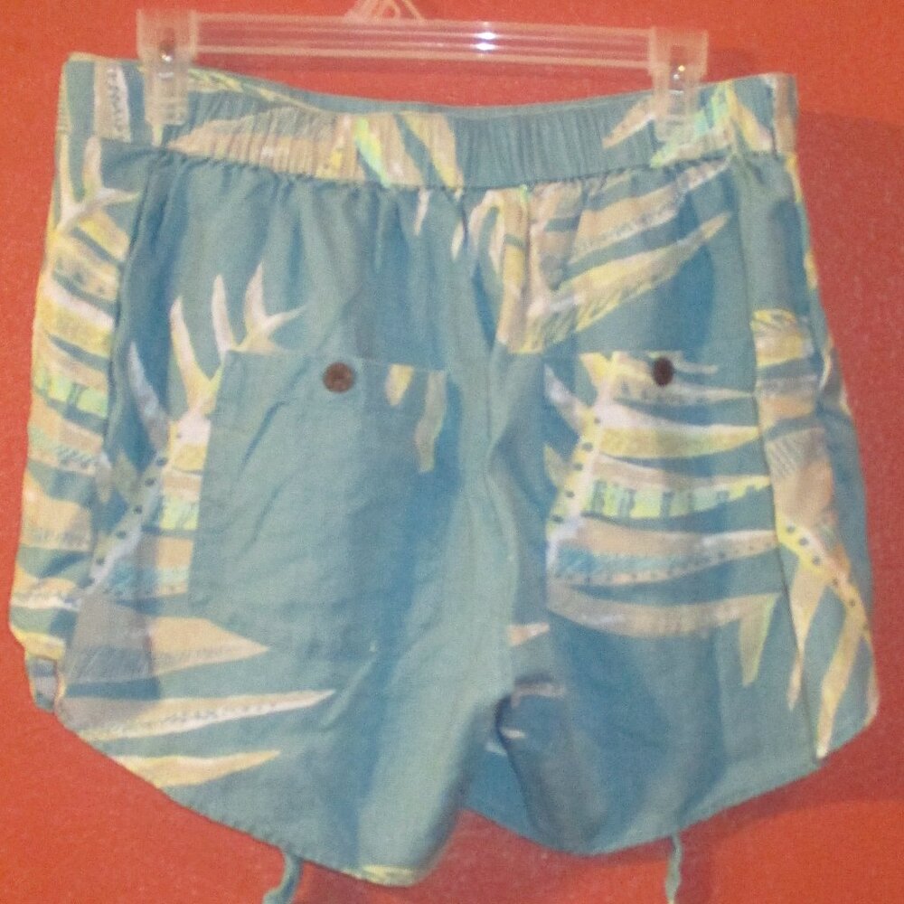 Patagonia Shorts Woman Large Blue Tan Yellow Back Pocket Beach Pool Wrap Shorts - Picture 4 of 6